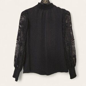 Elie Tahari Black 100% Silk Blouse with Sheer Floral Lace Sleeves Size XS